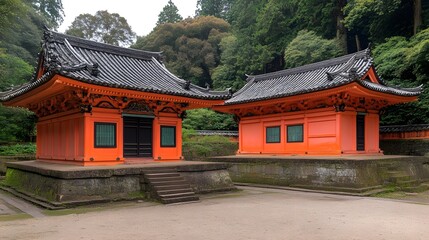 Traditional Japanese Temple Architecture with Red and Black Structures in a Forest Setting