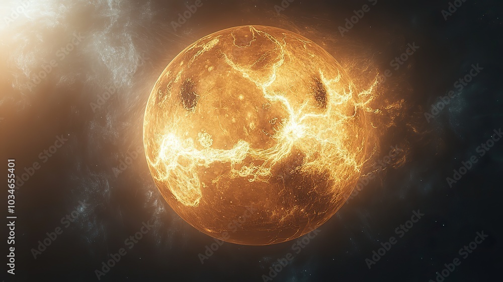 Poster detailed depiction of venus showcasing its smooth silky surface partially obscured by dark mysteriou