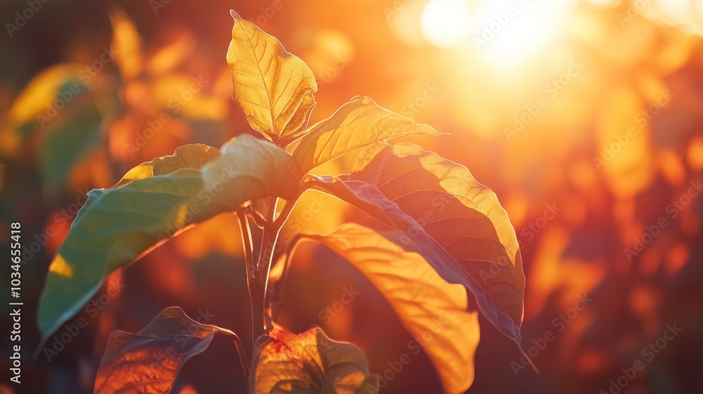 Poster a close-up of green leaves illuminated by the warm glow of the setting sun, creating a soft, hazy ba