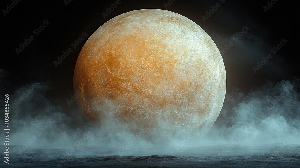 Poster detailed depiction of venus showcasing its smooth silky surface partially obscured by dark mysteriou