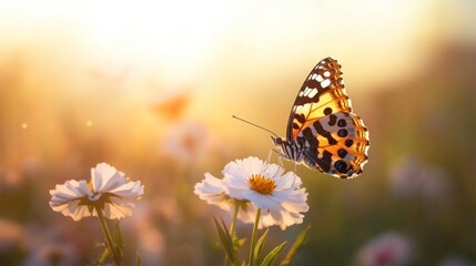 Obraz premium A butterfly with orange and black wings sits on a white flower in a field of flowers at sunset.