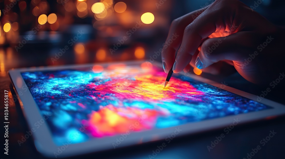 Poster digital artist using online design tools to create stunning digital art on tablet the screen display