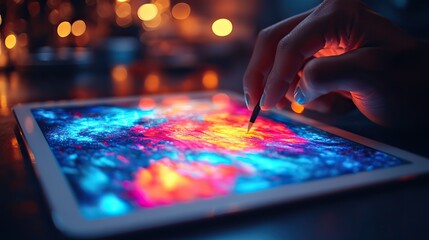 Fototapeta premium digital artist using online design tools to create stunning digital art on tablet the screen displays vibrant colors and intricate designs showcasing the power of modern design software.image