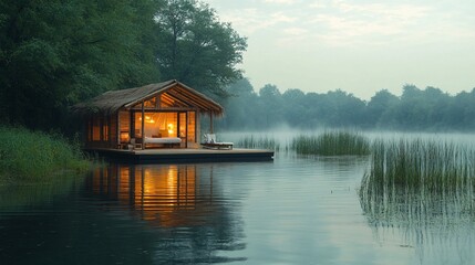Fototapeta premium Tranquil Glamping House by the Water's Edge
