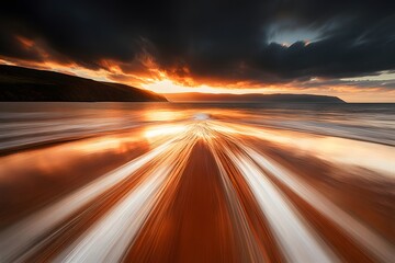 Obraz premium Dramatic Sunset Over Coastal Beach with Waves and Hills