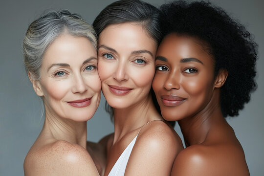 three women of different ages and ethnicities, all with radiant, glowing skin.