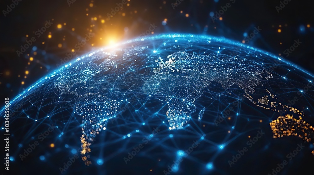 Poster digital globe showcasing global network connections and communication links symbolizing worldwide co