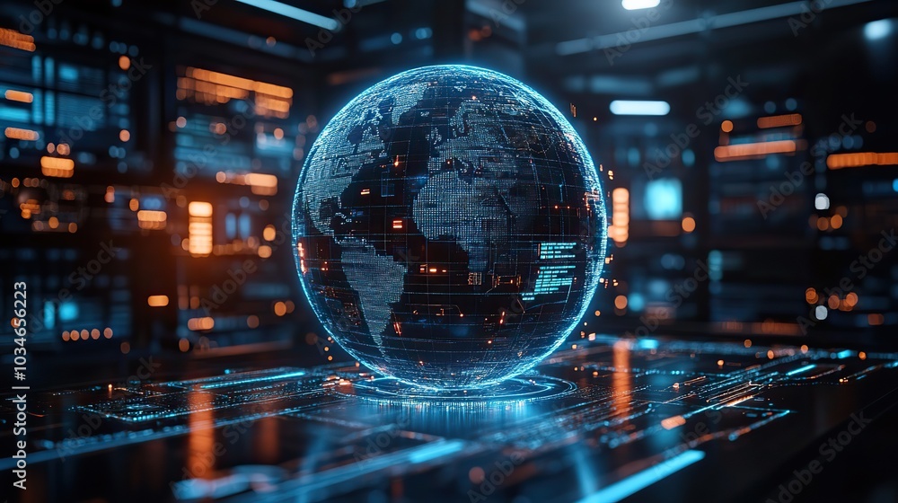 Poster digital globe showcasing global network connections and communication links symbolizing worldwide co