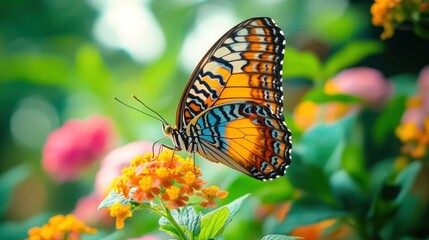 Obraz premium A colorful butterfly with orange, black, and blue wings sits on a yellow flower with a blurred background of green leaves and pink flowers.