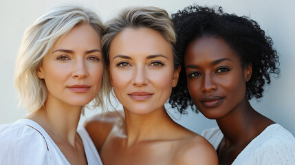 three women of different ages and ethnicities, all with radiant, glowing skin.