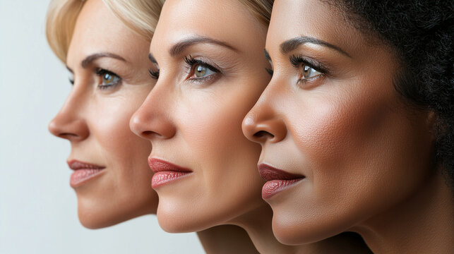three women of different ages and ethnicities, all with radiant, glowing skin.