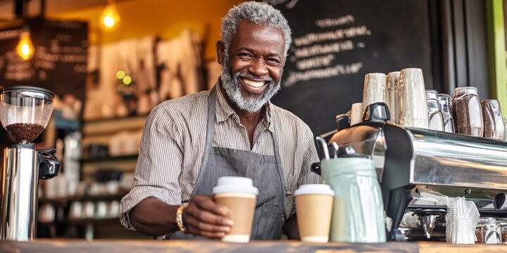 A smiling bartender serves coffee at a cozy café, showcasing warmth and expertise in a vibrant, inviting atmosphere.