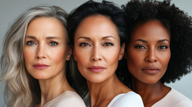 three women of different ages and ethnicities, all with radiant, glowing skin.