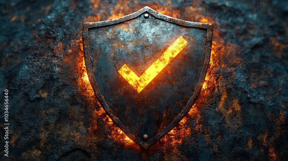 Poster digitalof rusty shield with glowing checkmark symbolizing the robust security and reliability of the