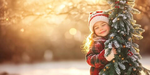 A joyful child in winter attire embraces a decorated Christmas tree, surrounded by a snowy landscape and warm sunlight.