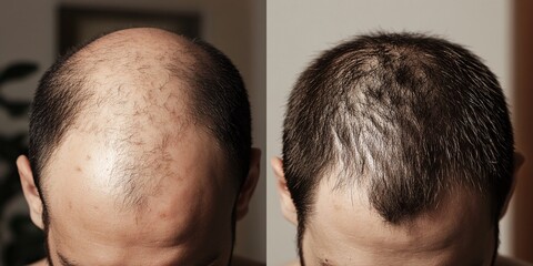 The image shows a comparison of a bald man's head on the left and a fuller hair appearance on the right, highlighting a hair restoration transformation.