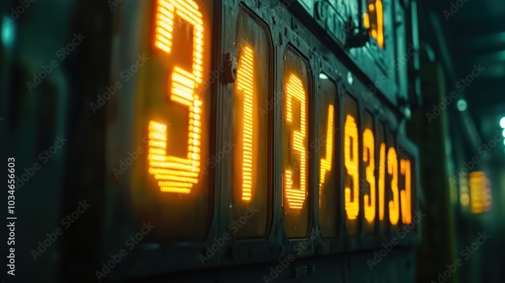 Poster closeup of a digital display showing the numbers 313, with a blurred background.