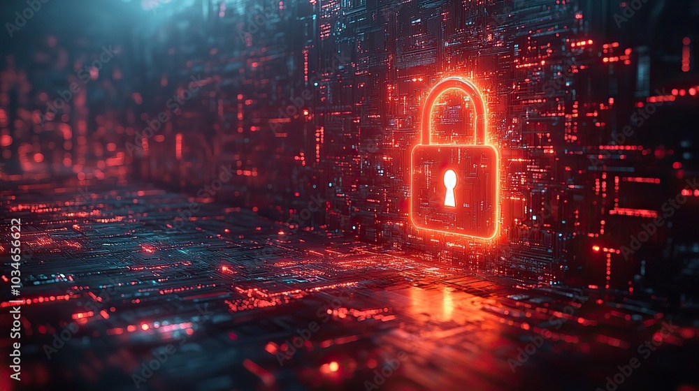 Poster digital padlock symbolizing cybersecurity and the protection of sensitive dat in technological context emphasizing the importance of secure information storage and safety measures.image