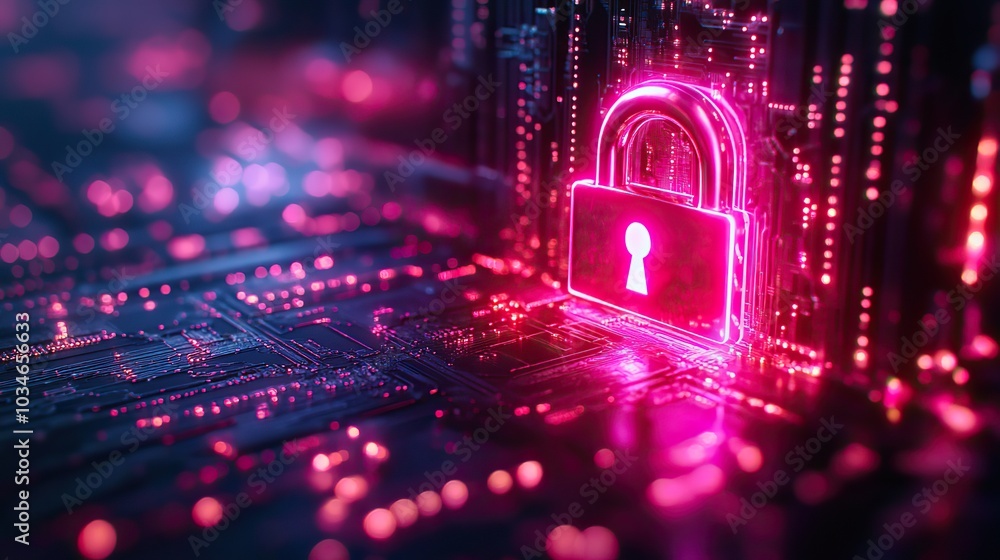 Poster digital padlock symbolizing cybersecurity and the protection of sensitive dat in technological conte