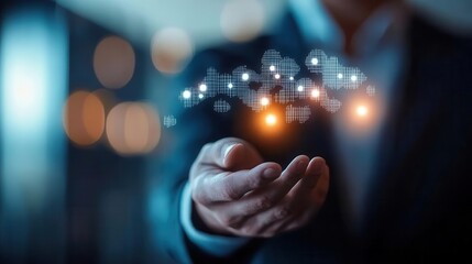A businessman presenting digital data visualizations with a clear focus on innovation and technology in a corporate environment.