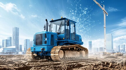 A blue bulldozer operates on a construction site, surrounded by modern buildings and a crane, showcasing urban development and technology in action.