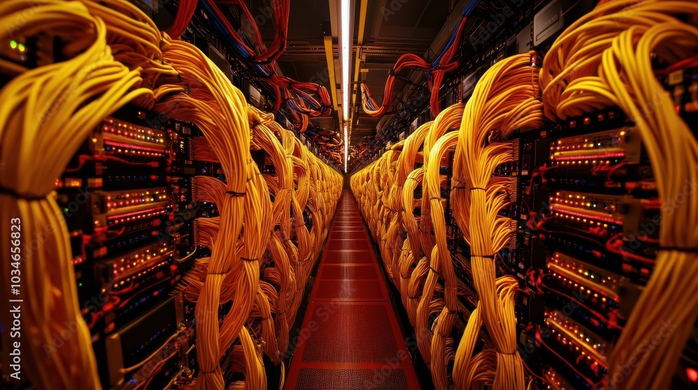Aufkleber a close-up view of a data center corridor filled with organized cables and illuminated servers, show
