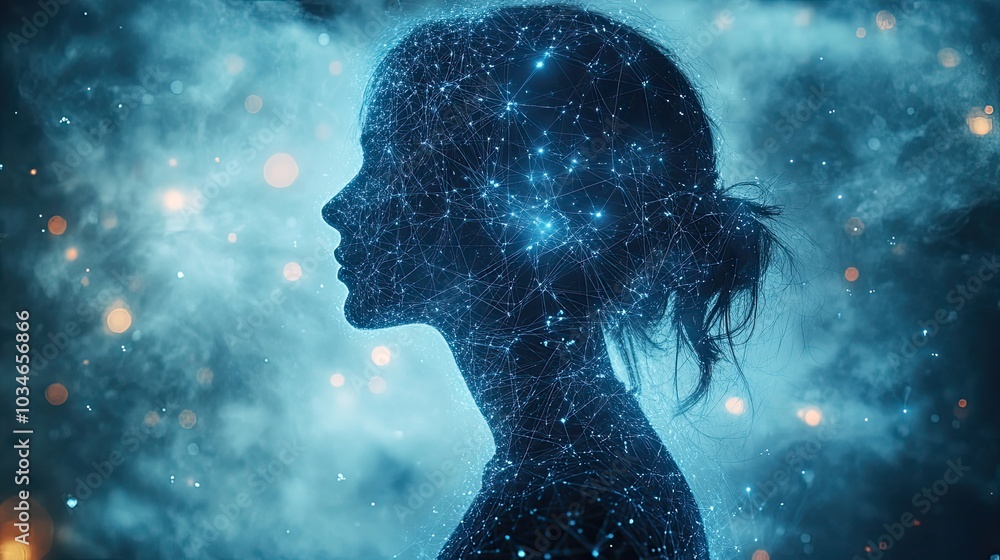 Poster digital silhouette of person surrounded by interconnected nodes and lines symbolizing digital transf