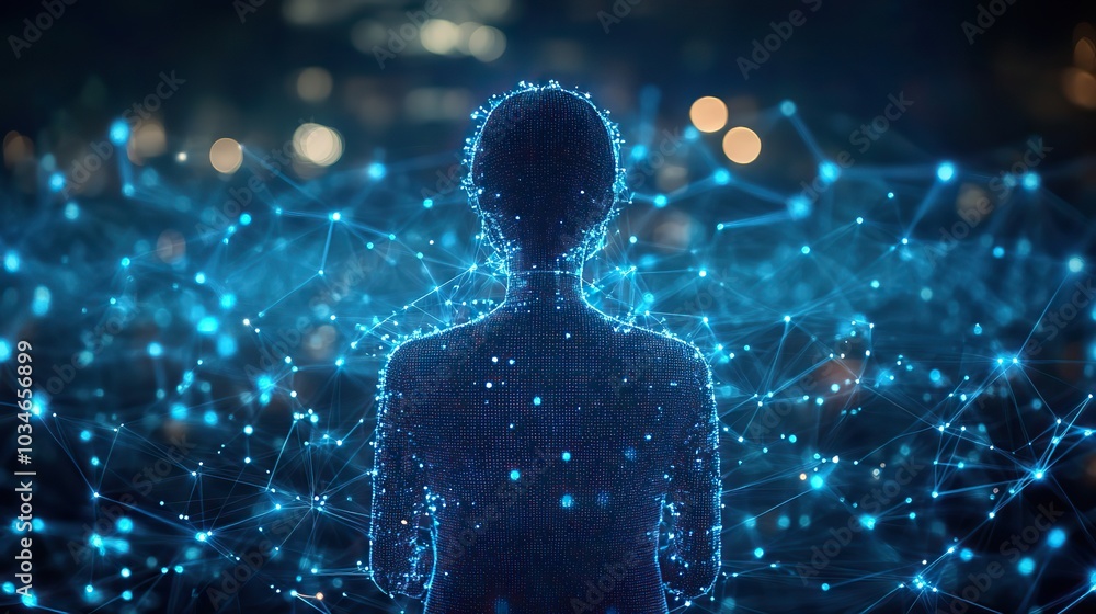 Poster digital silhouette of person surrounded by interconnected nodes and lines symbolizing digital transf