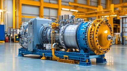 A detailed gas turbine engine located in a large industrial facility, showcasing advanced engineering and bright manufacturing environment.