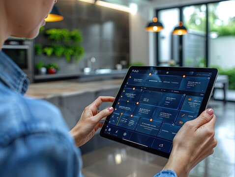 A person using a tablet to manage smart home features in a modern kitchen. - Powered by Adobe