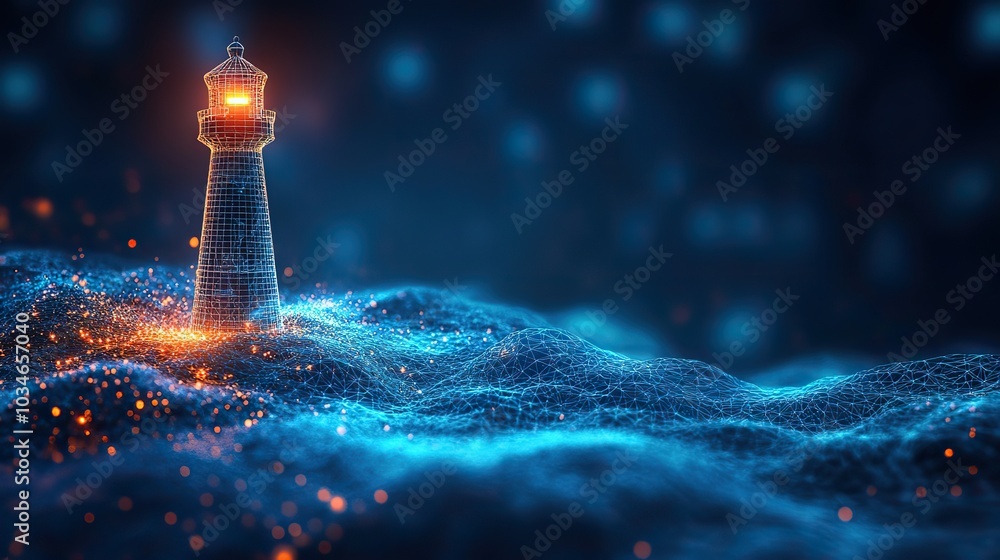 Poster digital transformation and future vision concept featuring an abstract wireframe lighthouse in blue 