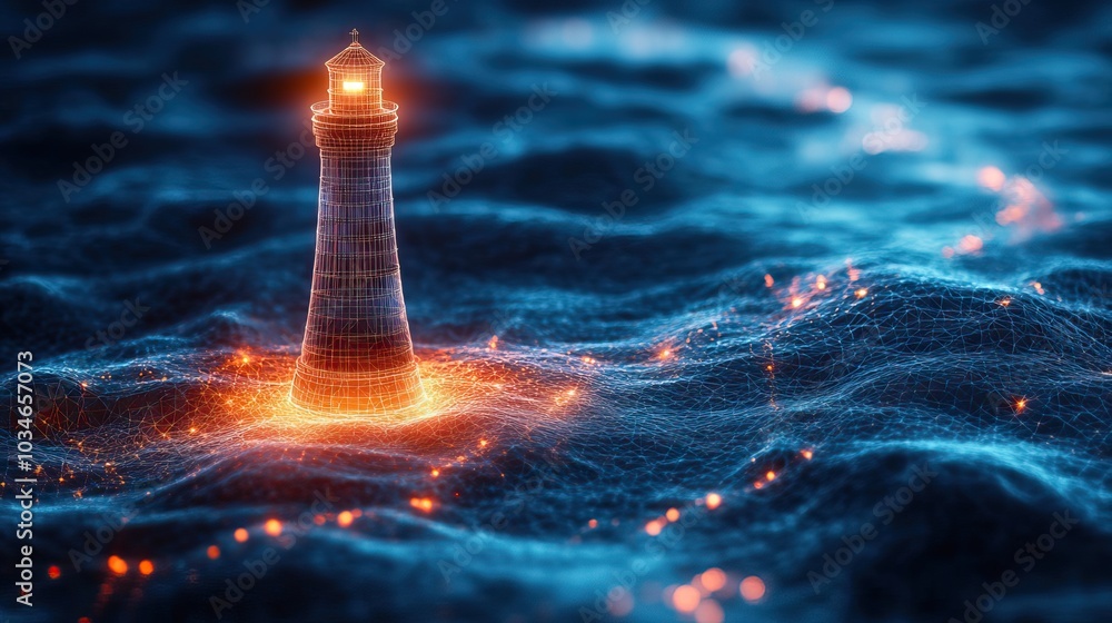 Poster digital transformation and future vision concept featuring an abstract wireframe lighthouse in blue 