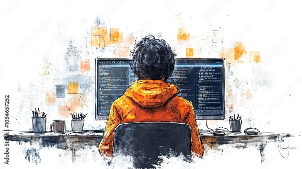 Poster doodle styleof coding tutor concept featuring person viewed from the back sitting in front of comput