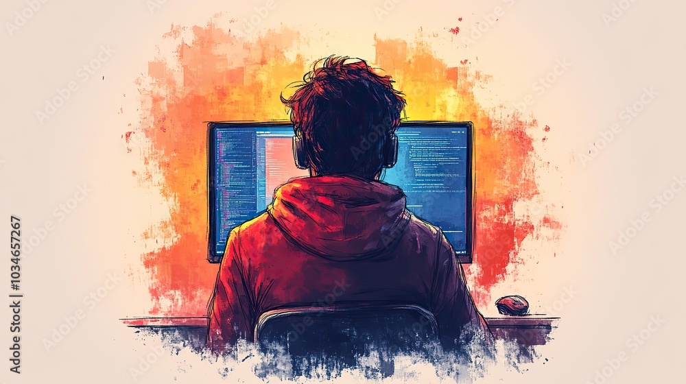 Poster doodle styleof coding tutor concept featuring person viewed from the back sitting in front of comput