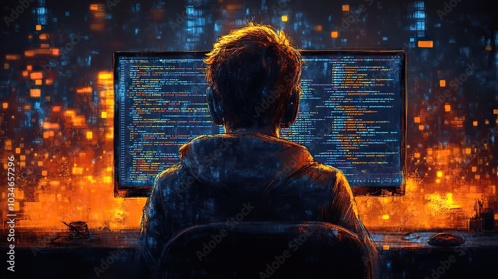 Poster doodle styleof coding tutor concept featuring person viewed from the back sitting in front of comput