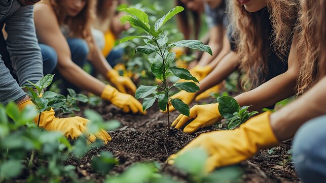 diverse group of people working together to plant tree symbolizing unity and environmental stewardship the team includes various ethnicities highlighting multicultural collaboration.illustration