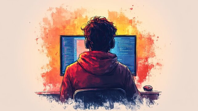 doodle styleof coding tutor concept featuring person viewed from the back sitting in front of computer screen simplistic design highlights the educational aspect of coding.illustration
