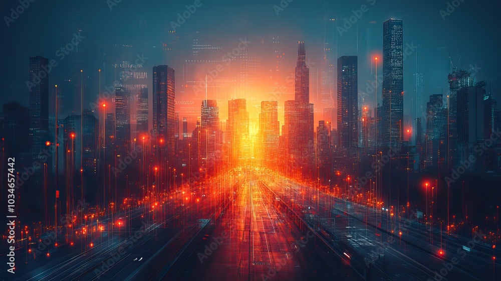 Poster dynamic double exposure image blending document with graphs and diagrams overlaid on an urban citysc