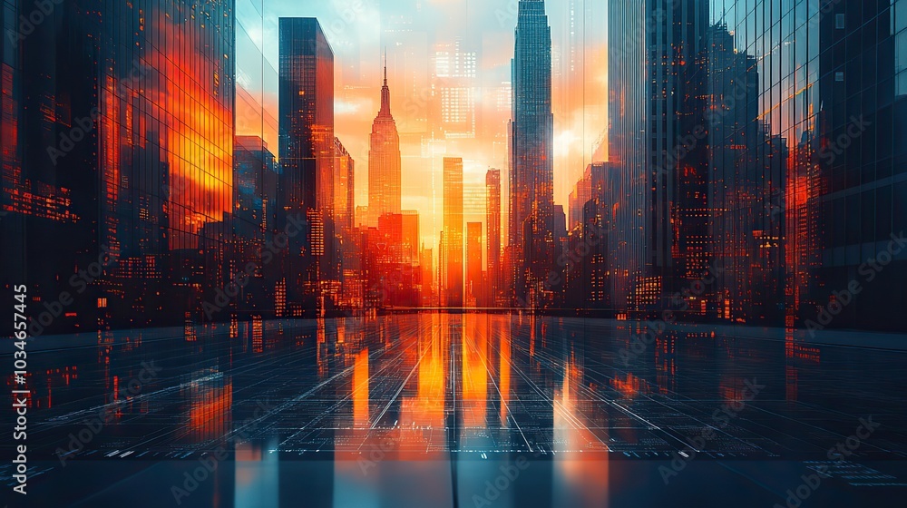 Poster dynamic double exposure image blending document with graphs and diagrams overlaid on an urban citysc