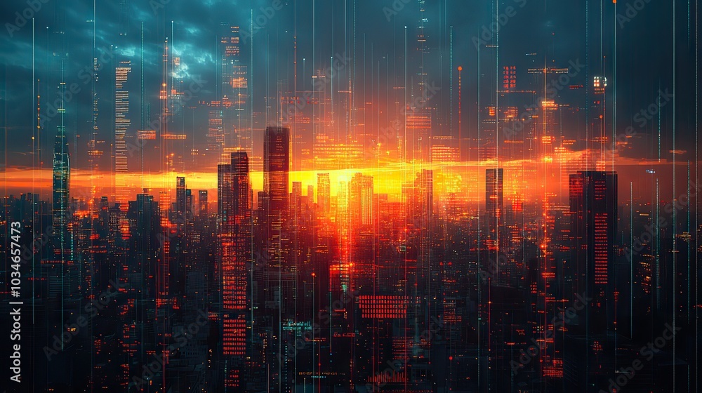 Poster dynamic double exposure image blending document with graphs and diagrams overlaid on an urban citysc