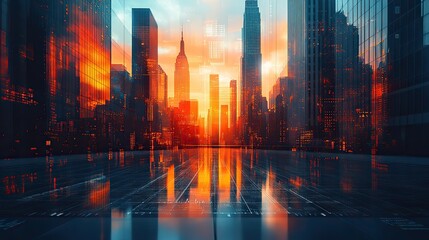 Obraz premium dynamic double exposure image blending document with graphs and diagrams overlaid on an urban cityscape symbolizing the intersection of business analytics and metropolitan growth.stock image