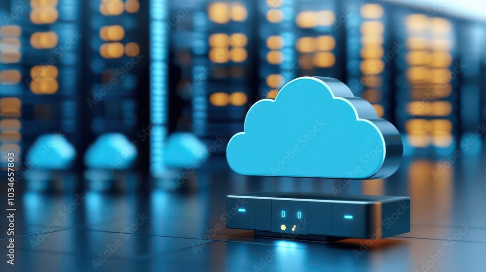 Poster a modern cloud symbol on a digital server background, representing data storage and technology innov