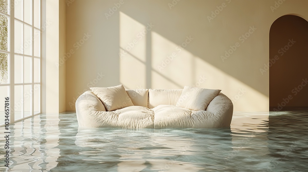 Poster floating couch in an empty room symbolizes severe water damage highlighting the impact of flooding a