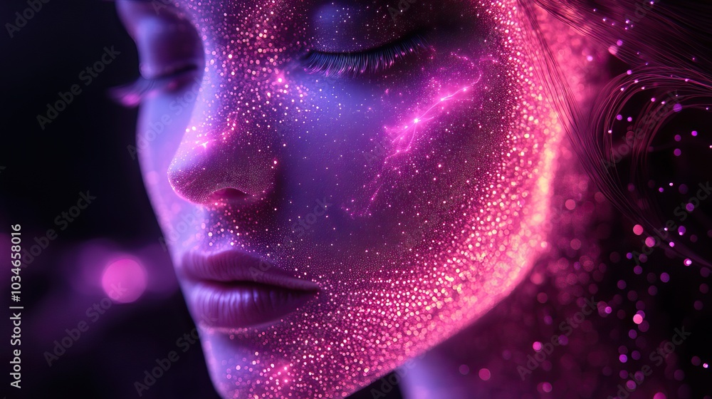 Poster futuristic ai influencer avatar face with an abstract mesh design set against dark background with s