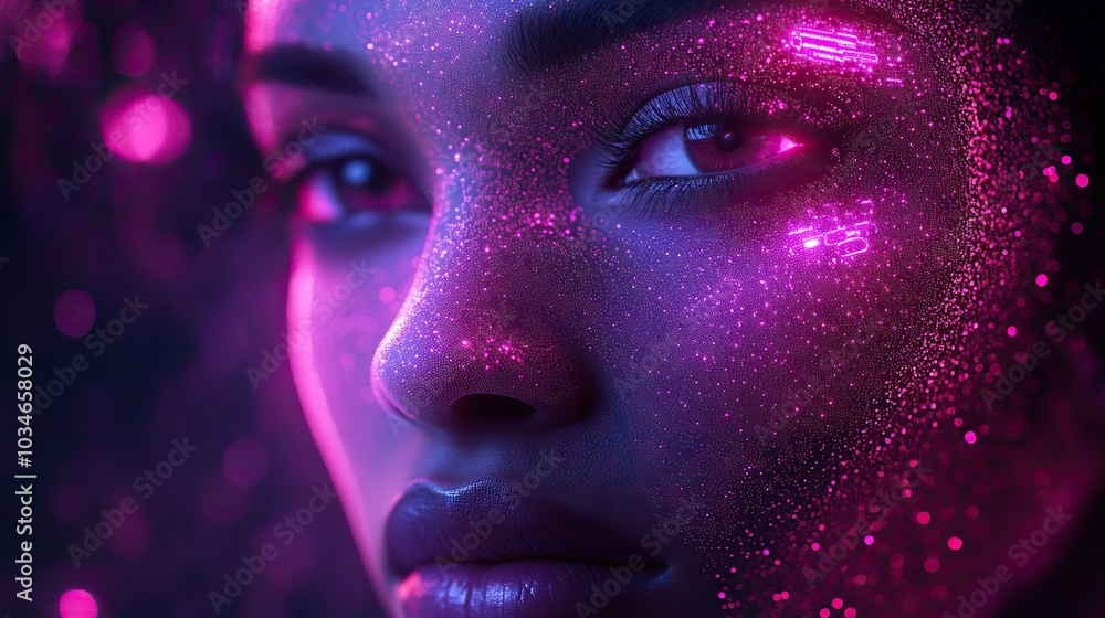 Poster futuristic ai influencer avatar face with an abstract mesh design set against dark background with s