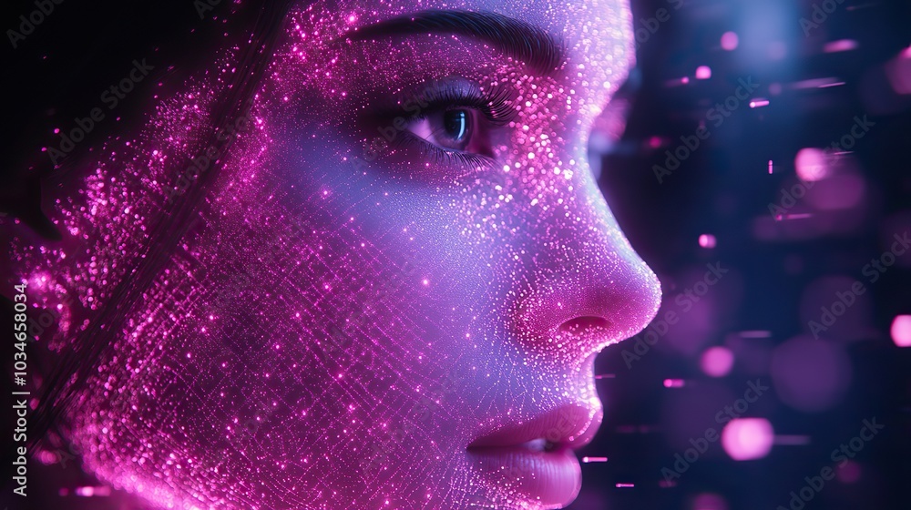 Poster futuristic ai influencer avatar face with an abstract mesh design set against dark background with s