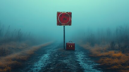 foggy road leading to dead end sign with business briefcase symbolizing bankruptcy and financial failure