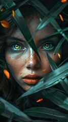 Woman's Face Hidden in Green Leaves