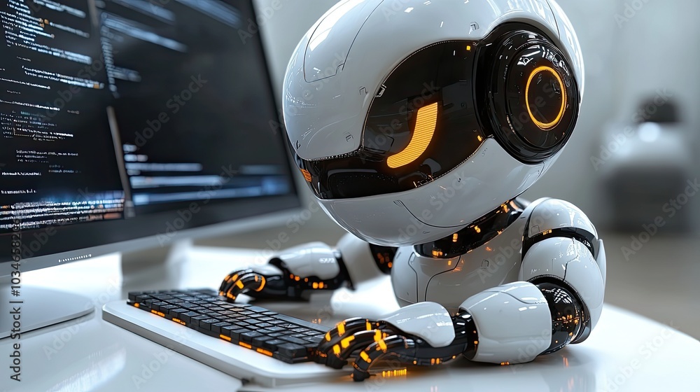 Poster futuristic robot mascot designed with sleek metallic features is diligently typing text on modern co