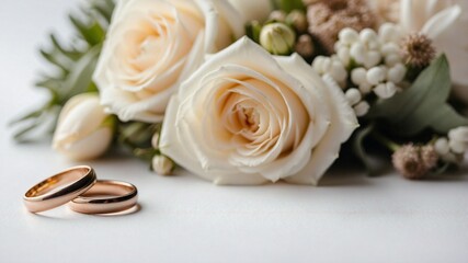 Obraz premium Ring and bouquet of flowers on a white background